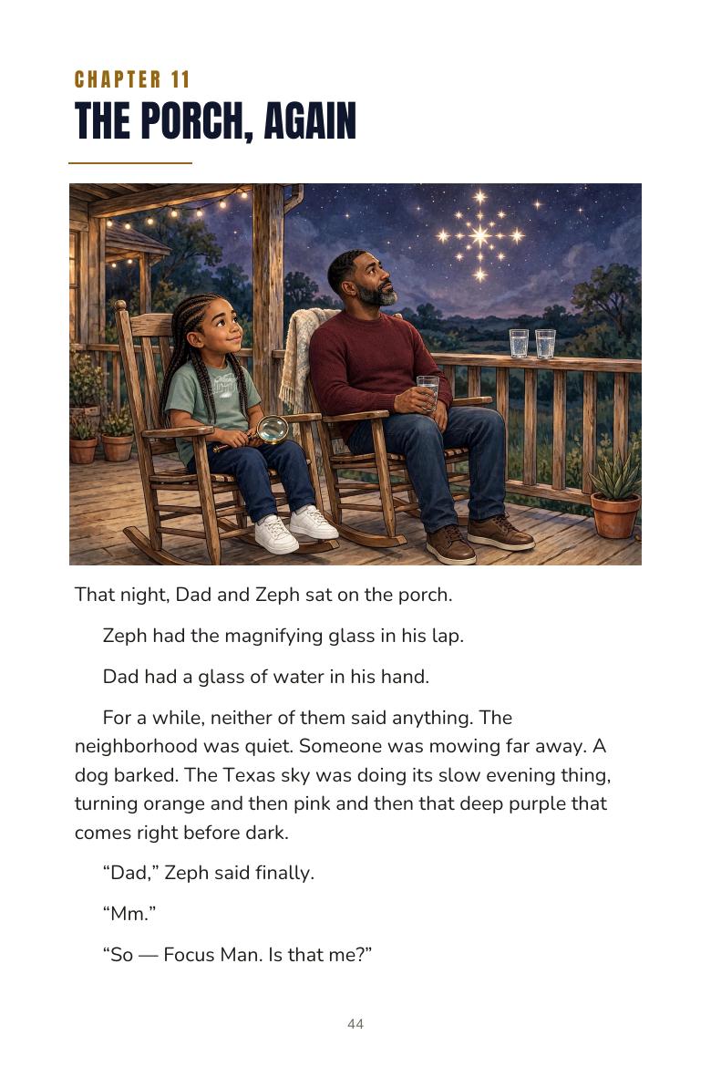 A page from Chapter Eleven of Focus Man Book 1, on the porch.