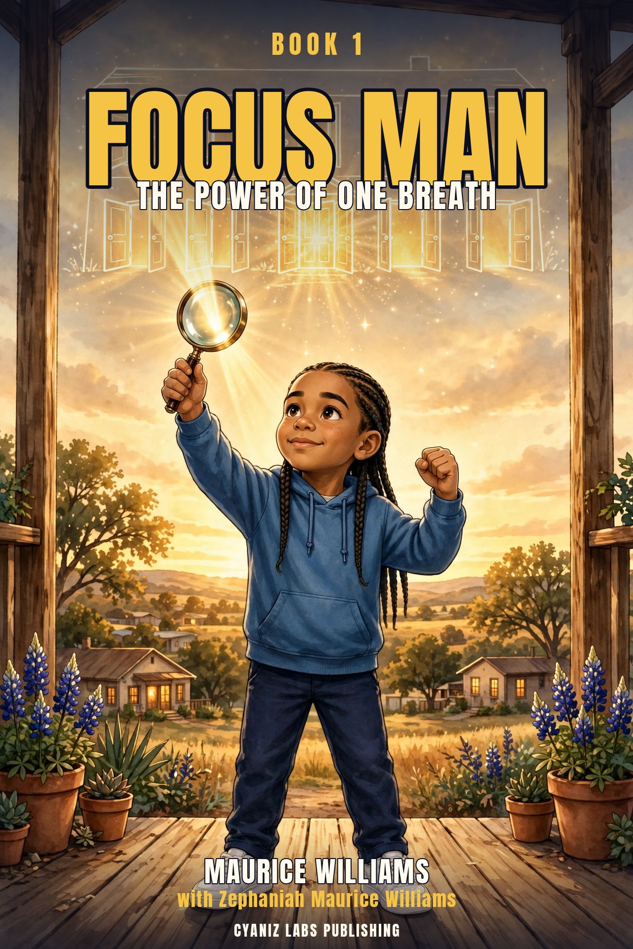 Focus Man Book 1: The Power of One Breath — the finished cover, Zeph holding a magnifying glass up to the light on the porch