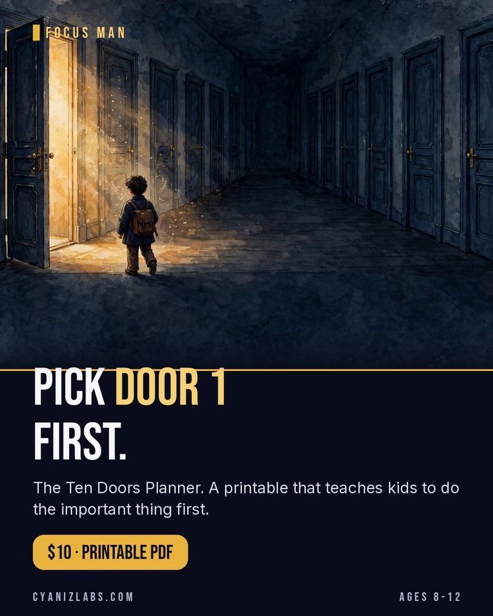 The Ten Doors Planner: a boy opens the first glowing door in a long hallway of doors