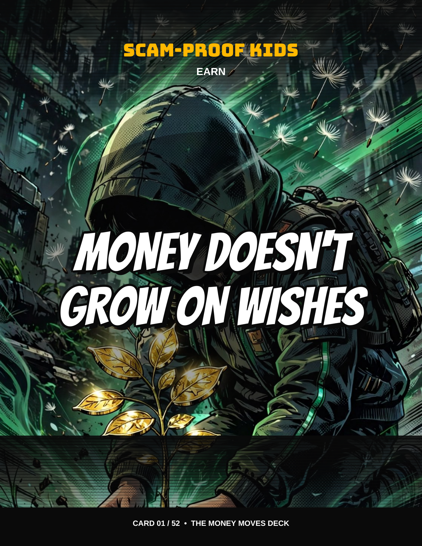 Card 01 front, Earn suit, green: Money Doesn't Grow on Wishes.