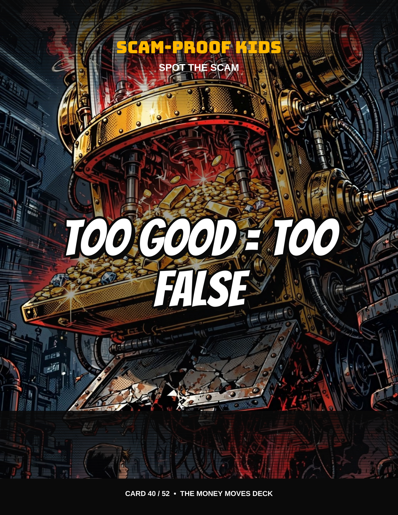 Card 40 front, Spot the Scam suit, red: Too Good = Too False.